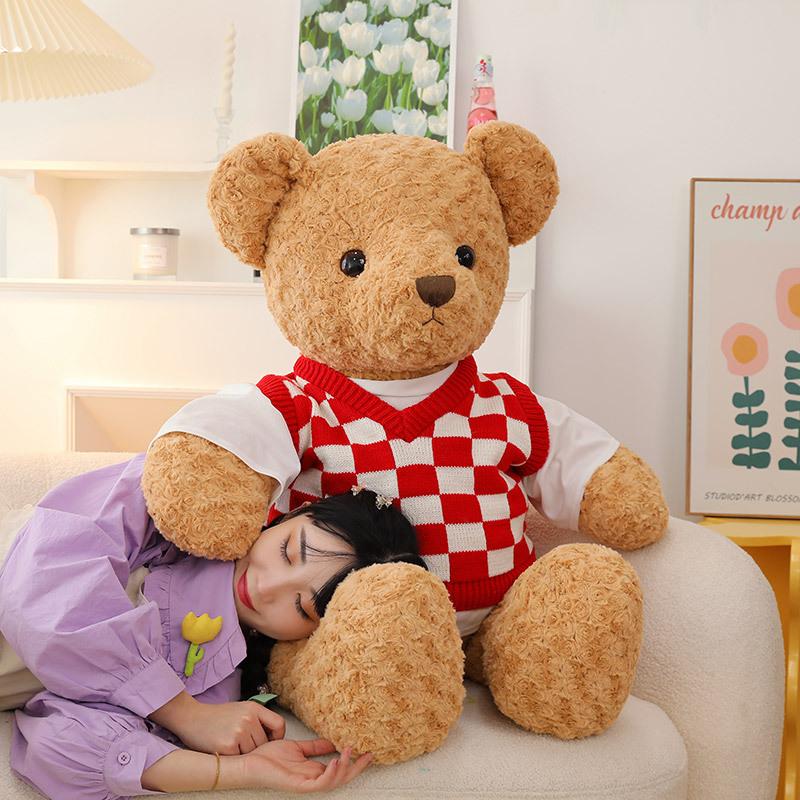 Checkered sweater teddy bear doll for girlfriend bear companion pillow home ornament children's holiday gift