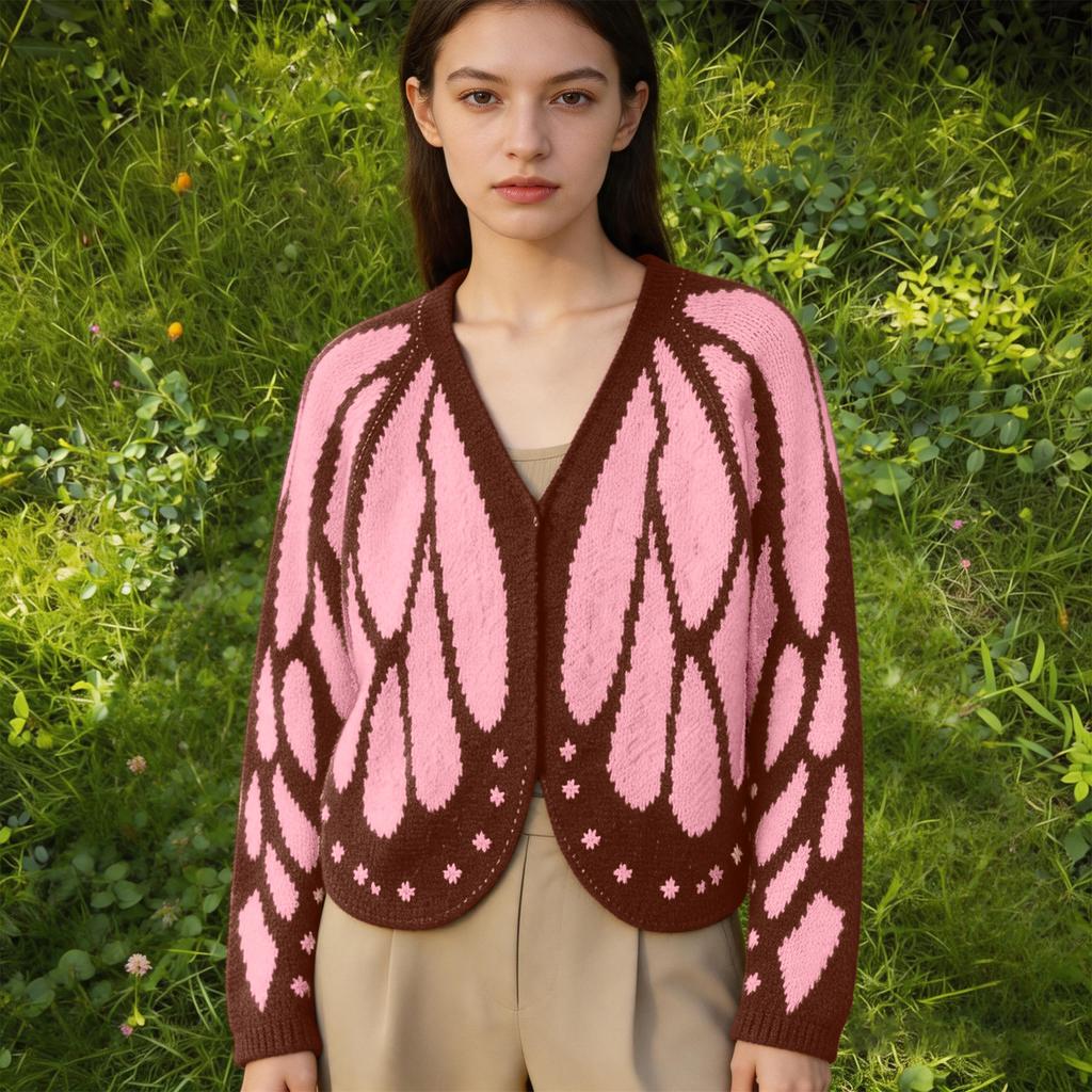 Women's Butterfly Colorblock Knit Cardigan with Sleeves - Loose Fit Casual Sweater for Fall and Winter