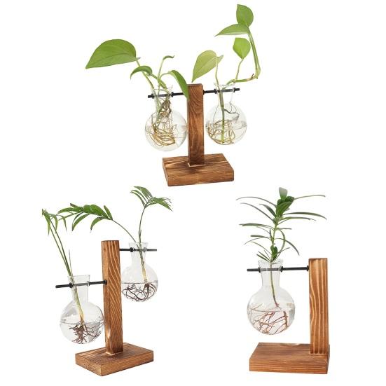 Plant Propagation Station with 1/2 Glass Vases And Wood Stand Decorative Tabletop Terrarium Planter Clear Glass Hydroponic Vase for Office Garden Home