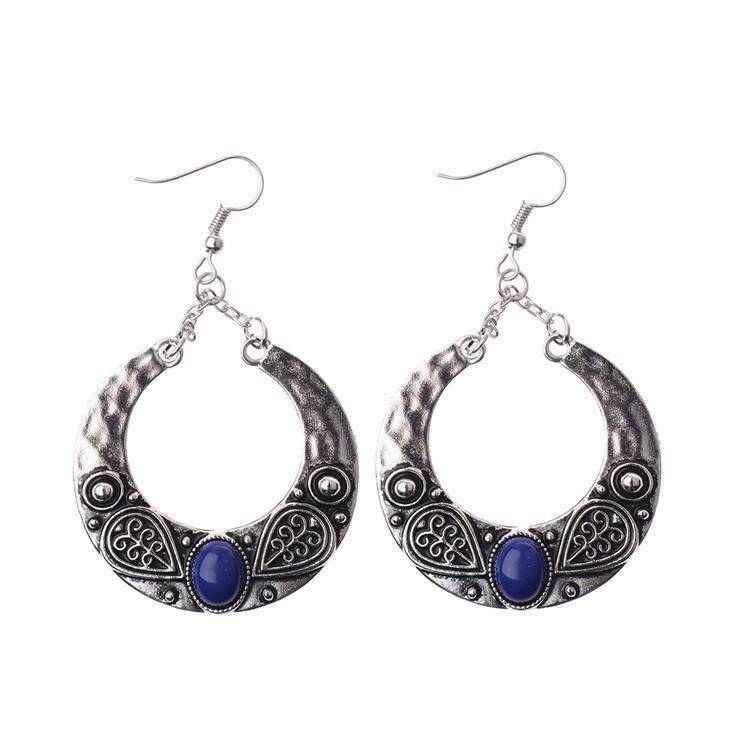 

Женские серьги в стиле ретро серебряного цвета с бирюзой в стиле бохо, большие круглые серьги с гравировкой, ювелирные изделия синий