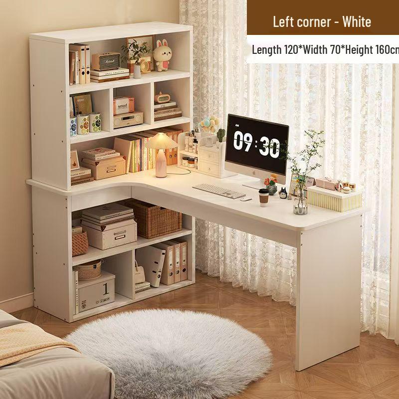 Compact Corner Computer Desk with Integrated Bookshelf & Vanity for Bedroom or Home Office
