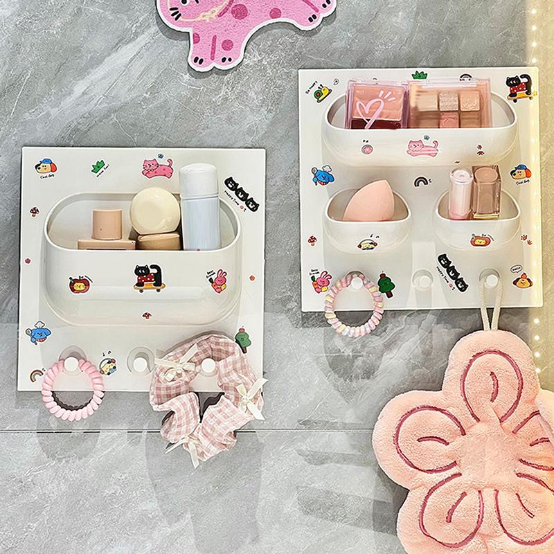 Cartoon Cat Multifunctional Storage Rack For Bathroom Cosmetics Plastic Wall Without Mark Punching Storage Rack Diy Decoration