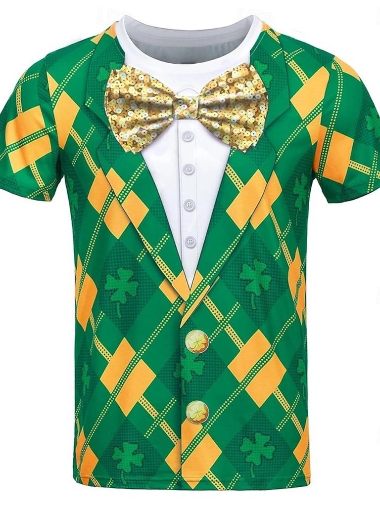 Shamrock Tuxedo Men's T Shirt 3D Print Short Sleeve T Shirt O-Neck Shirt Green Summer Spring Clothing Apparel