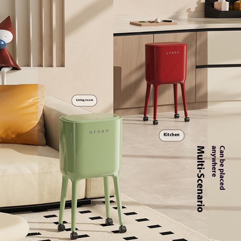 No-Bend High-Leg Trash Can With Press-To-Open Lid - Large Capacity Oval Kitchen & Living Room Bin, Durable Plastic