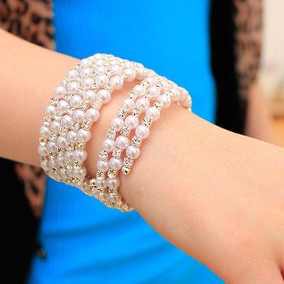 Simulated Women Beaded Wide Winding Charm Bangles Bracelets Pearl Multilayer