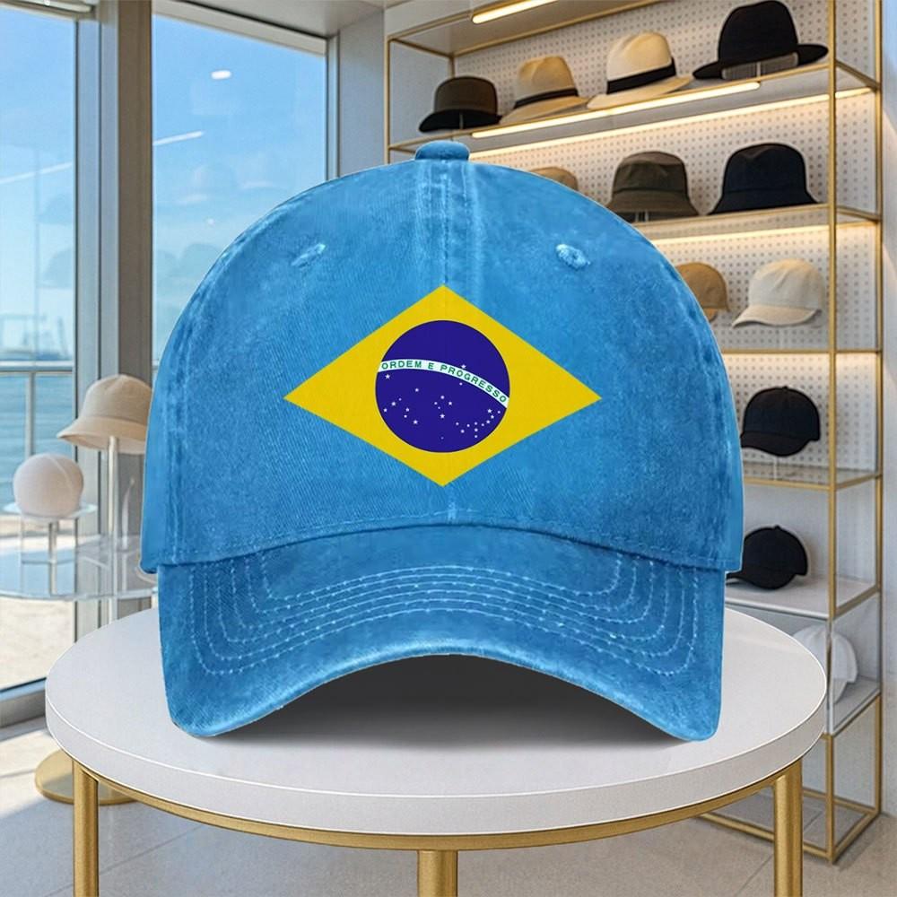 Brazil Flag Washed Baseball Cap Adjustable Denim Sun Hat Unisex Casual Sports Headwear