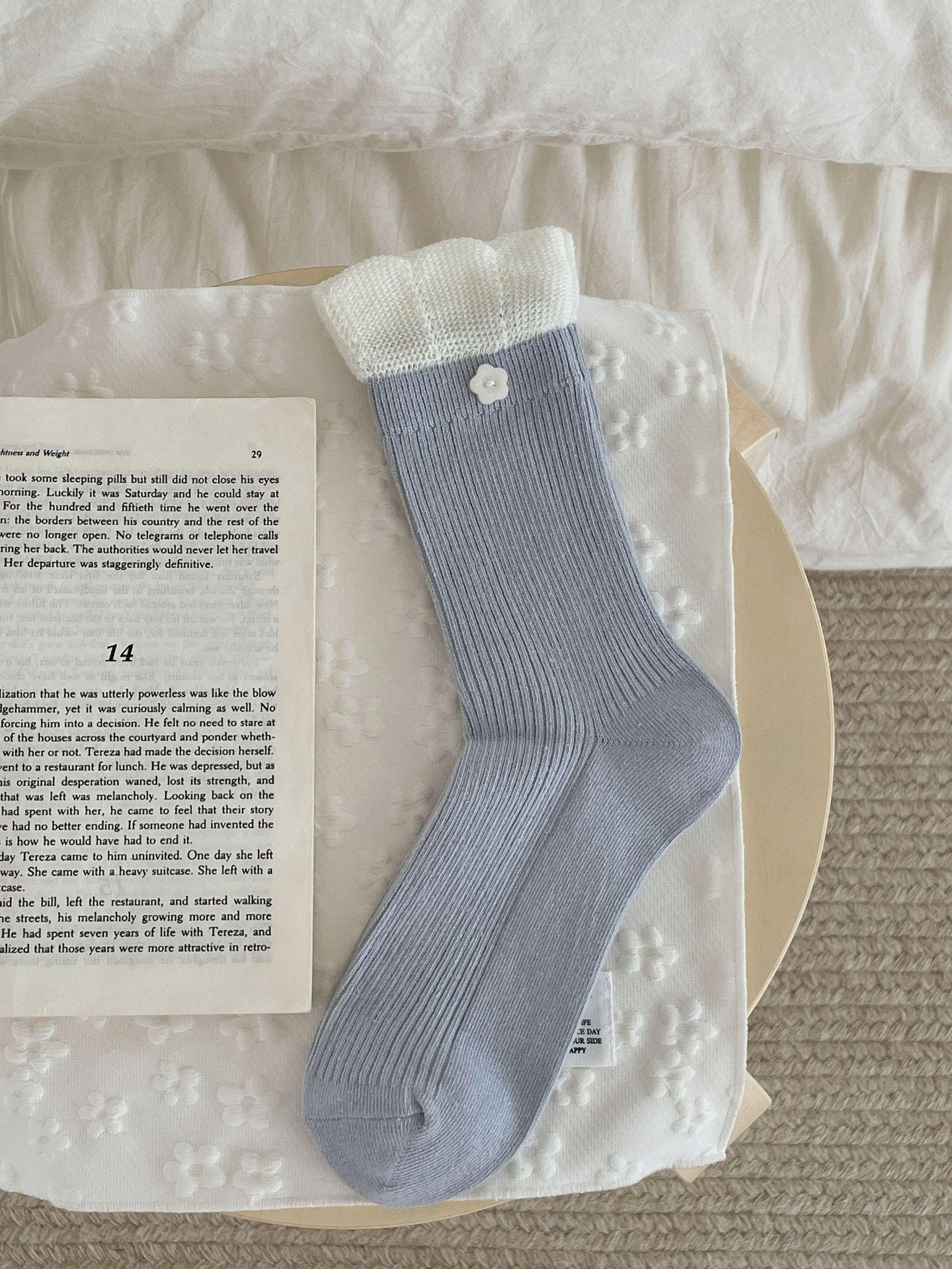 

Женские весенне-осенние однотонные хлопковые носки средней длины с кружевом на пуговицах 1 pair белый/синий