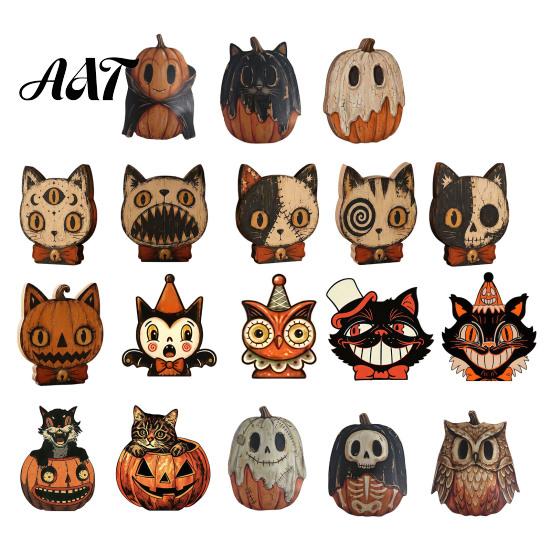 Atmospheric Retro Interior Ornaments Halloween Wooden Ornaments, Distressed Pumpkin/Cat Decorations, Desktop & Wall Unique Handcrafted Wood Decors for