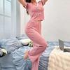 Women's Sweet Lace Pajama Set: Summer V-Neck Short Sleeve Top & Long Pants
