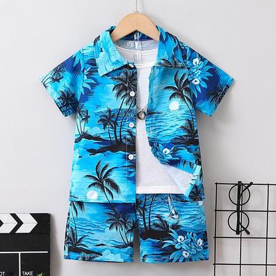 Blumen-Kurzarm-Strickjacke mit Kragen und Shorts-Set für Jungen - Sommer-Strand-Outfit