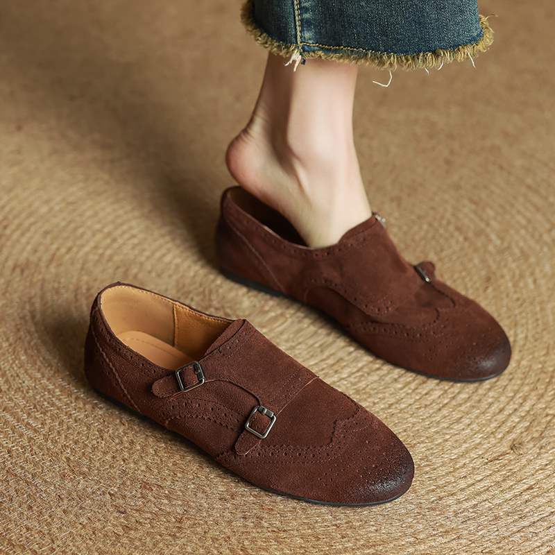 Krazing Pot Cow Skin Fashion Spring Autumn Low Heels metal buckle Oxford Shoes Women Round Toe Leisure Brogues flats