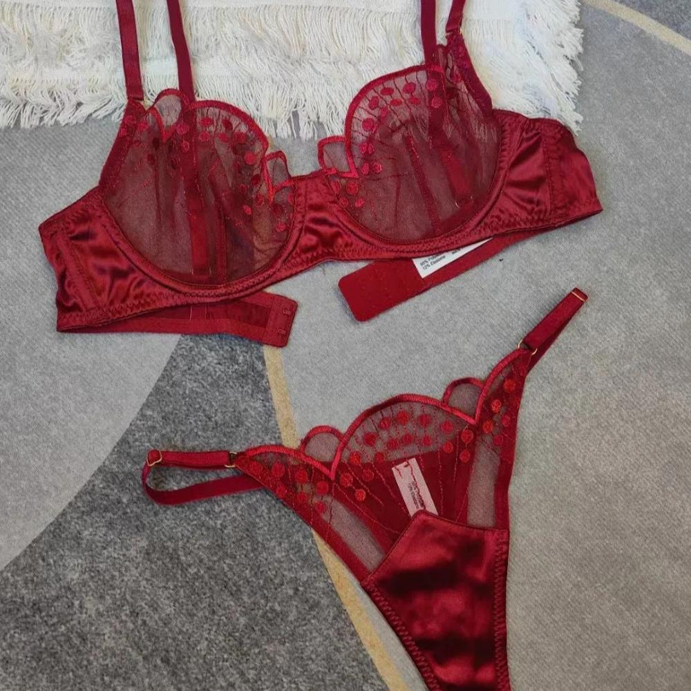 Francúzska ultratenká sieťovaná súprava spodnej bielizne Sexy výšivka Podprsenka Dámska kostica Spodná bielizeň Čipkovaná Priedušná Podprsenka a G-string Súpravy