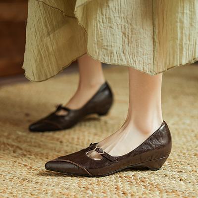 Fashion 2025 Spring Women Pumps Genuine Leather Women Shoes Pointed Toe Black Buckle Strap Mary Janes Shoes Ladies Shoes