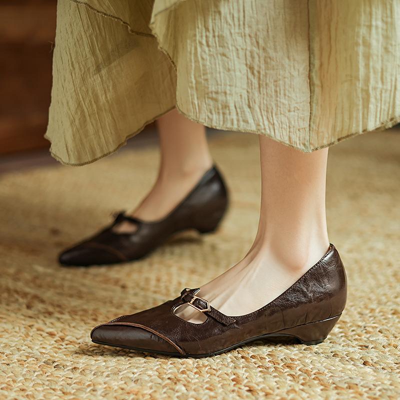 Fashion 2025 Spring Women Pumps Genuine Leather Women Shoes Pointed Toe Black Buckle Strap Mary Janes Shoes Ladies Shoes