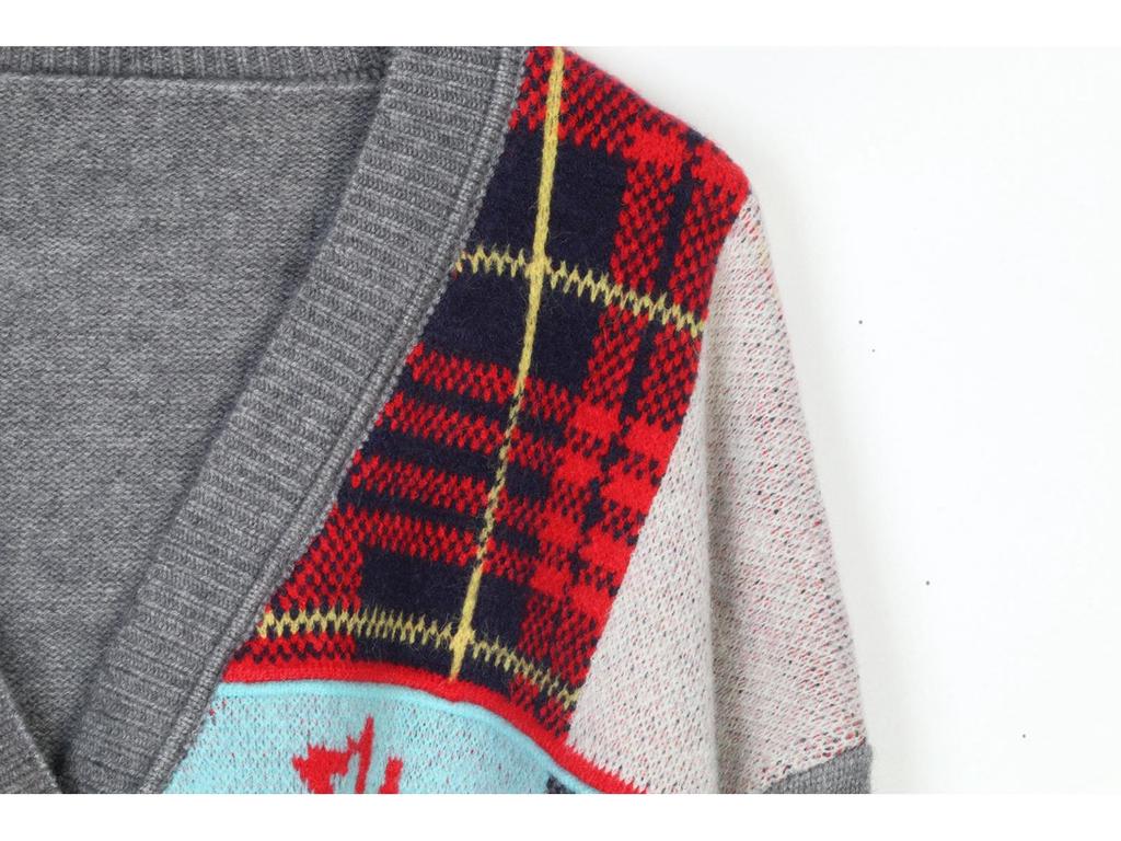 French Planet V-neck Knit Cardigan: Autumn Winter Plaid Heart Sweater, Long Sleeve, College Style, Age-Reducing, Loose Fit.