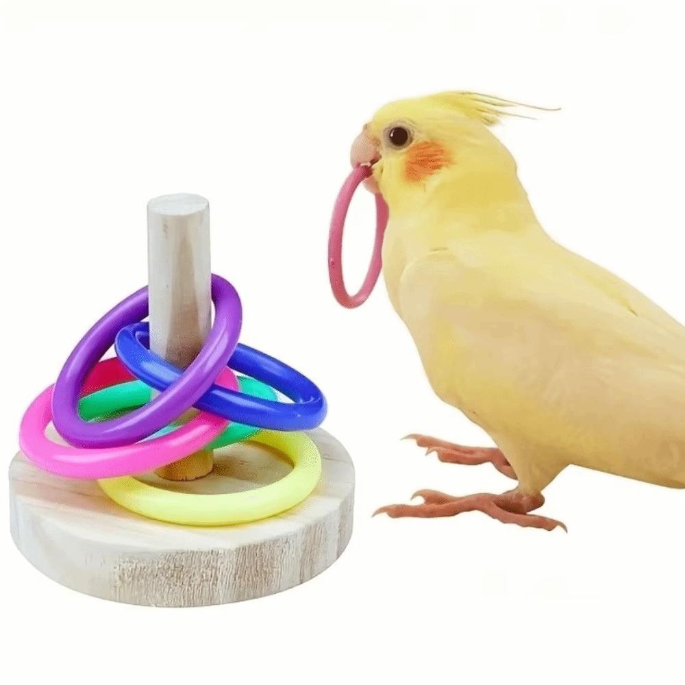 Colorful Rings Interactive Parrot Toy Wooden Base Wooden Bird Toy Bird Cage Enrichment