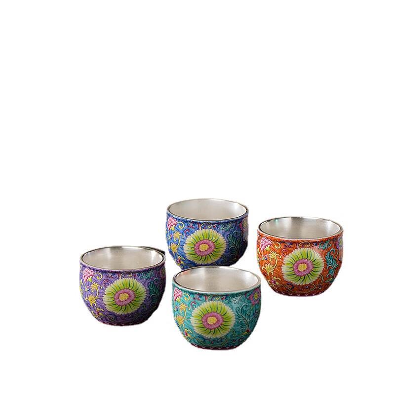 Cha Xun Phoenix Tail Enamel Gilded Silver Teacup Set