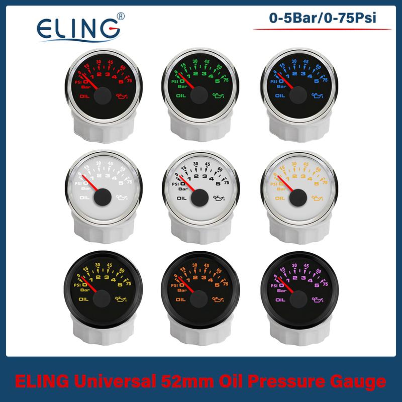 ELING Waterproof Universal 52mm Oil Pressure Gauge 0-5Bar 0-10bar for Car Truck Boat with 8 Colors Backlight 9-32V