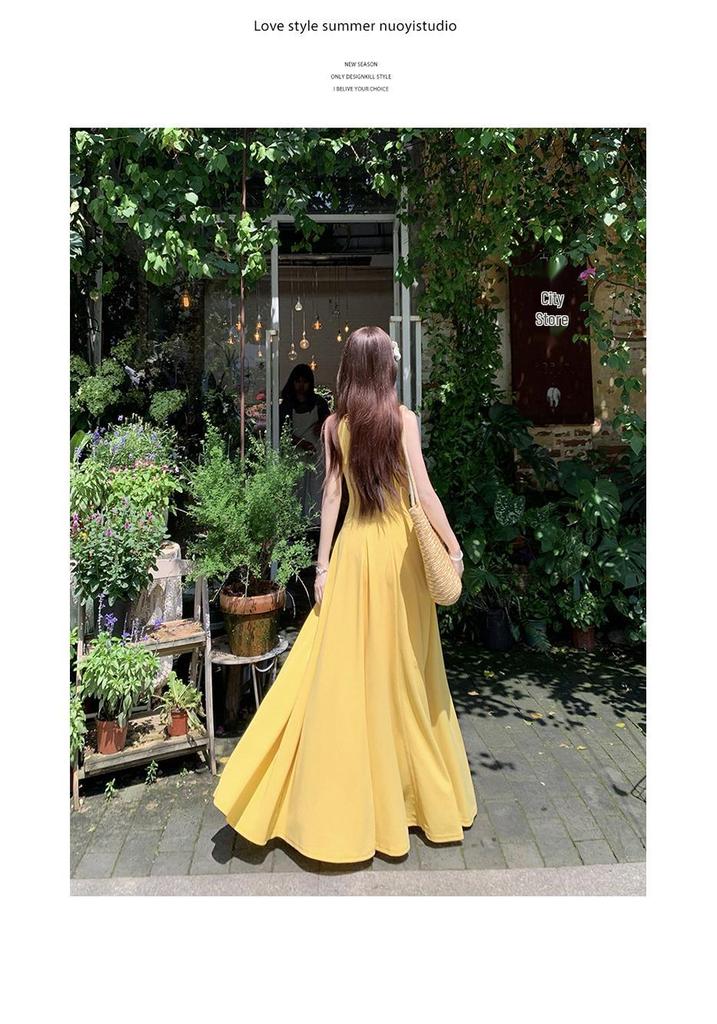 Yellow Retro French A-line Summer Dress with Square Neck and Spaghetti Straps Plus Size
