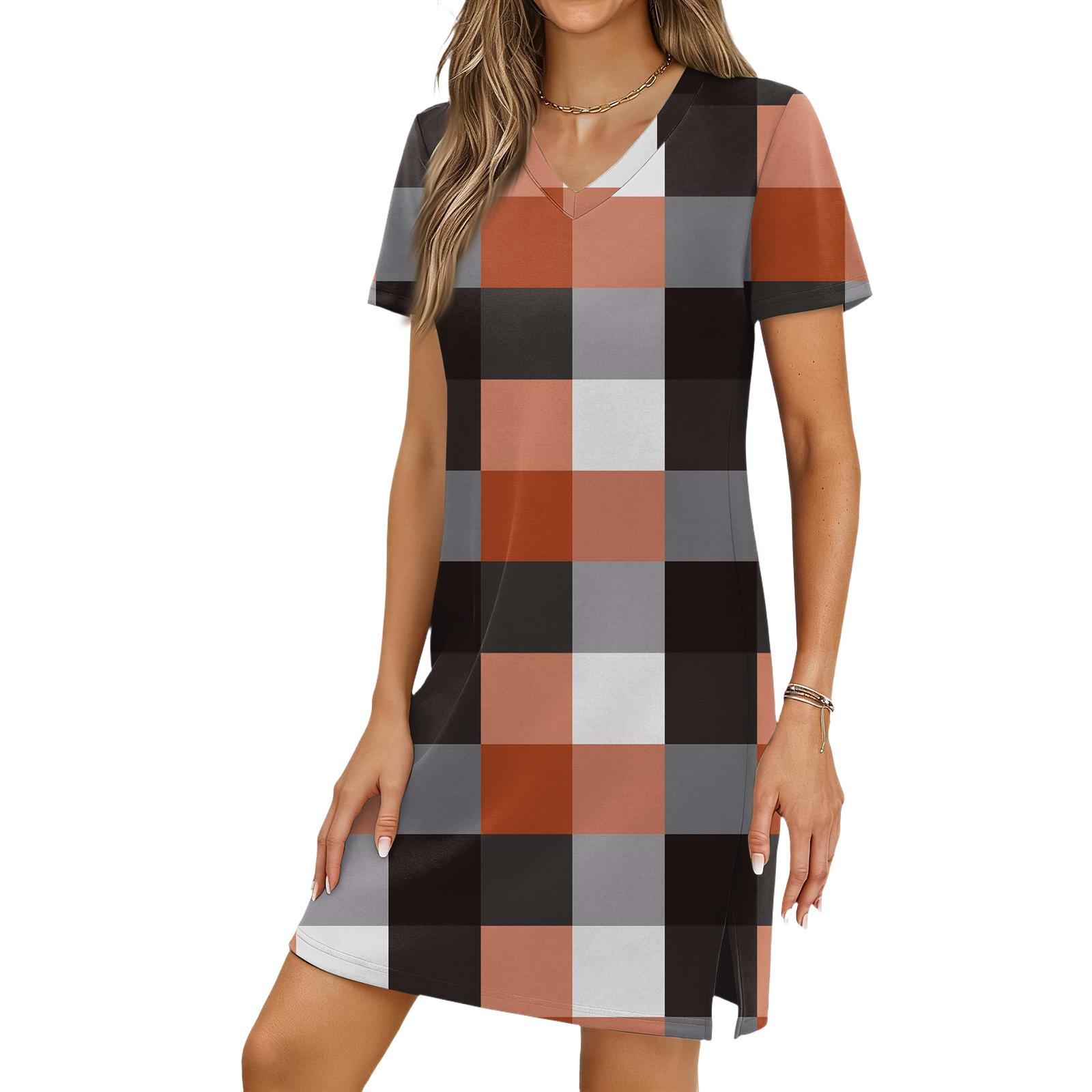 Women s Casual V-neck Short Sleeve Split Hem Plaid Print Dress S коричневый