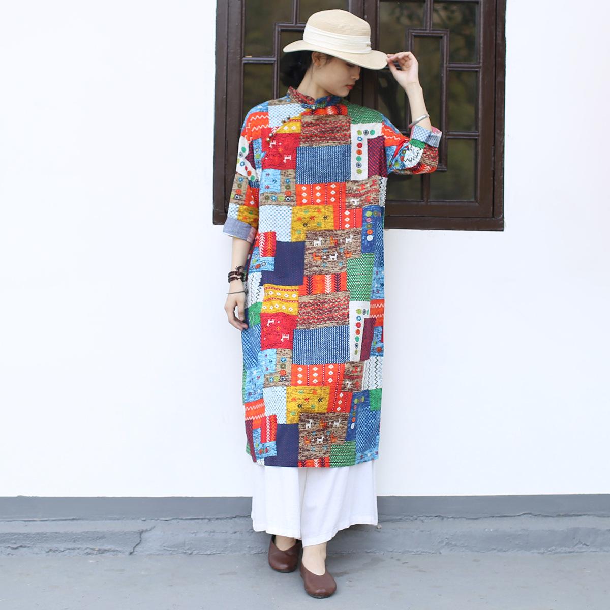 

Johnature Women Vintage Patchwork Color Dress Stand Long Sleeve Spring A-Line Plaid Dresses One Size