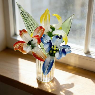 Handmade Glass Orchid Flower Decoration Hand-Blown Mini Floral Ornament with Stem Home