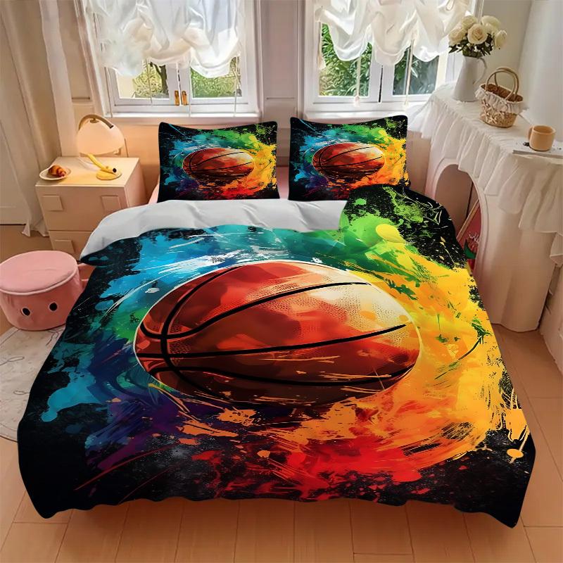 3pcs Basketball Colors Bedding Set, Includes Without Pillow Inserts, Soft Comfortable Bedding Set,All-Season Use a0924072