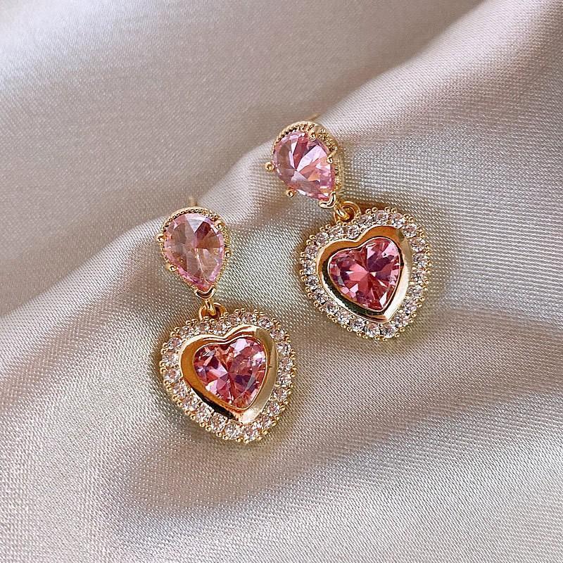 

Super flash pink love zircon earrings sweet less design earrings spring and summer jewelry earrings versatile stud earrings