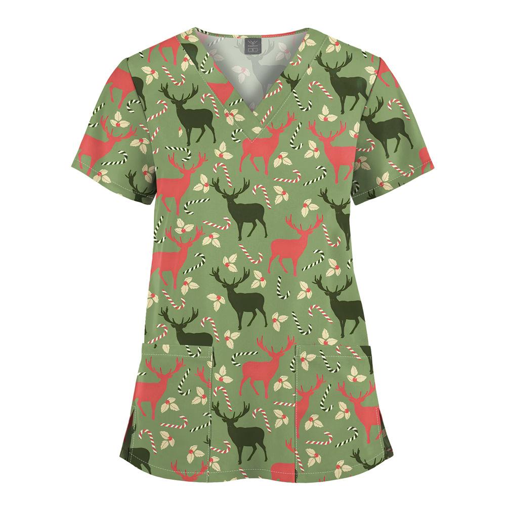 Quick-Drying Printed T-Shirt Short-Sleeved V-Neck Dental Oral Hand Wash Clothes Beauty Salon Pet Hospital Doctor Nurse Overalls