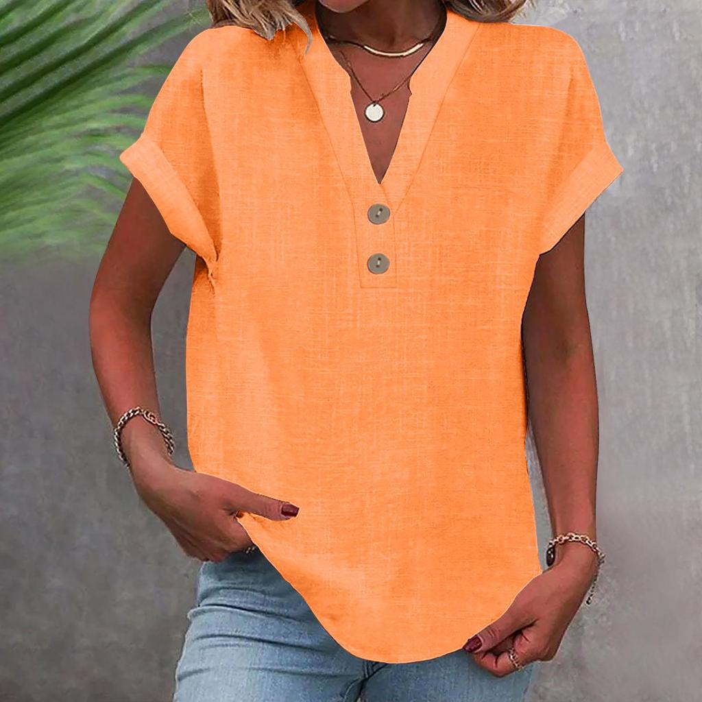 2025 Women's Solid Color V-Neck Buttoned Cotton-Linen Short-Sleeve Top