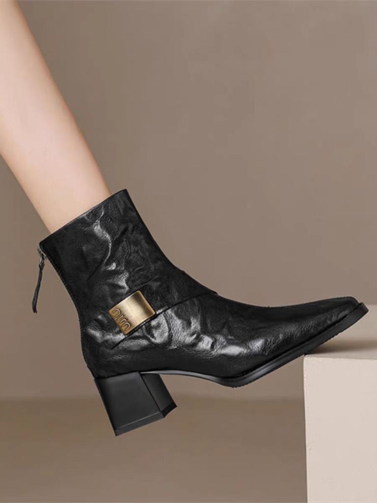 Vintage Square Toe Ankle Boots for Women Autumn Winter Zipper Black Thick Heels Short Boots Woman PU Leather Botas Mujer