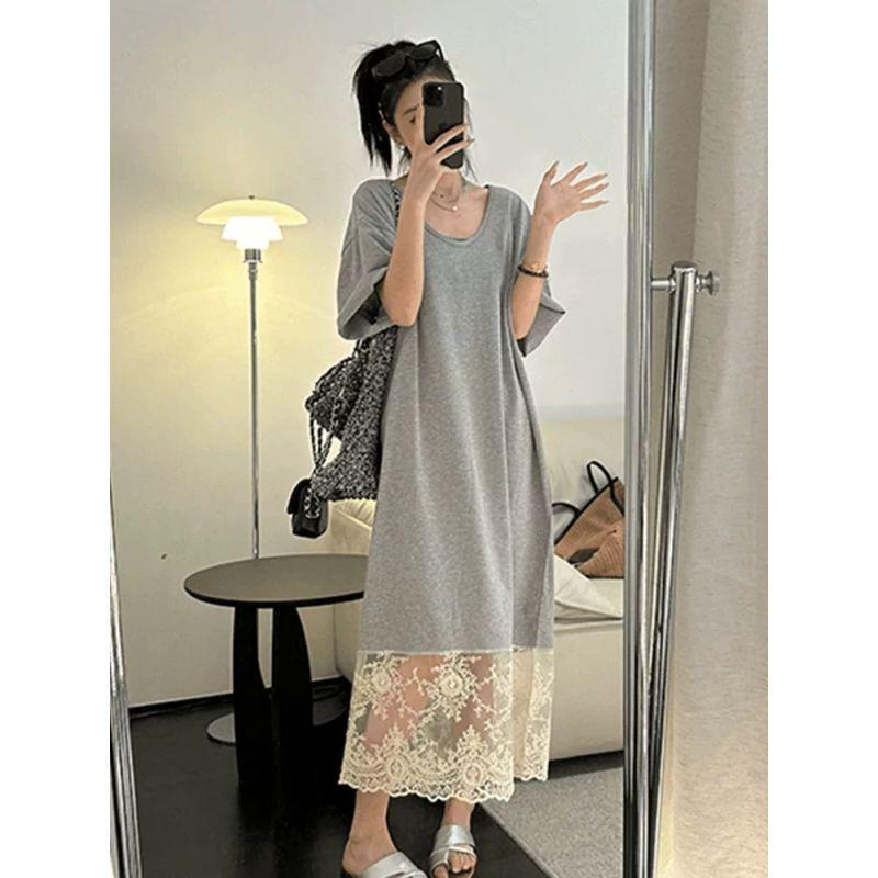 

Elegant Plus Size Lace Trim Summer Dress - Extra Large, Loose Fit, Round Neck, Short Sleeve M (up to 60kg) серый