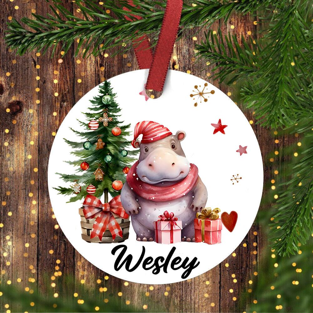 Personalised Christmas dinosaur decoration, Xmas tree ceramic hanging ornament, gift bauble, first Christmas keepsake present