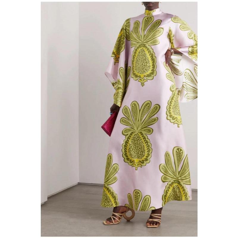 

VEZFAA Женская мода весна осень цветочный узор с длинным рукавом стойка-воротник свободная талия повседневные платья XXL розовый