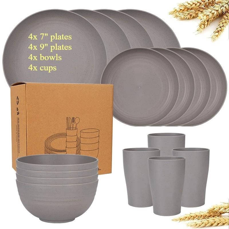 Set di Posate e Stoviglie in Paglia di Grano Naturale Set da Cena Piatti, Ciotole, Tazze Biodegradabili Indistruttibili Leggeri per Cucina Campeggio