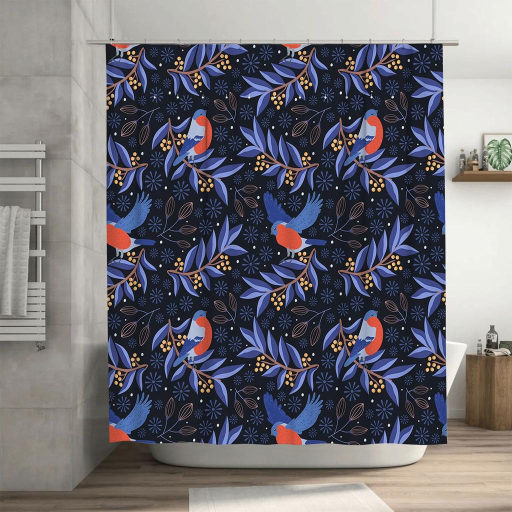 Blauer Vogel Botanischer Duschvorhang Heimdekoration Wasserdichtes Gewebe Badezimmer Dekoration Wandbehang Künstlerisches Design (Navy blau)