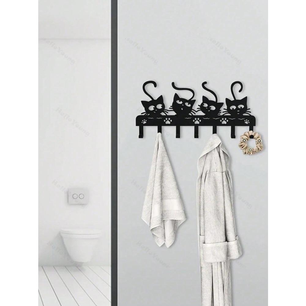 Black Metal Cat Hooks, Cute Kitten Wall Decor, Space Saving Wall Hooks for Hats Bags Towels, Entryway Bedroom Office Organization