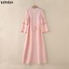 VONDA Elegant Women Puff Sleeve Print Patchwork Casual Loose Maxi Dress