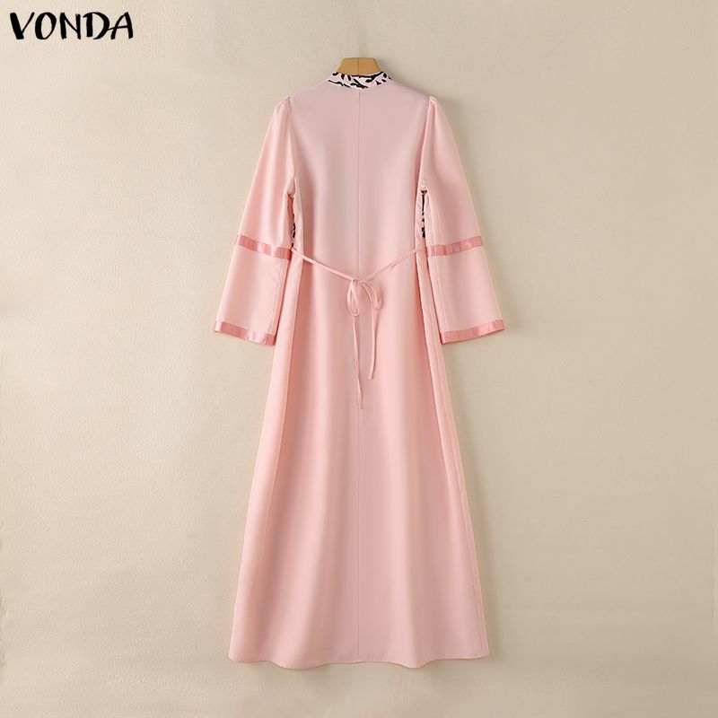 VONDA Elegant Women Puff Sleeve Print Patchwork Casual Loose Maxi Dress