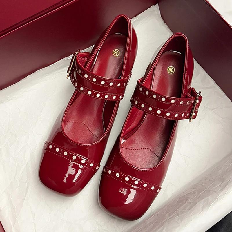 Fashion High Quality Patent Leather Woman Pumps Mary Jane Shoes Japanese Style Lolita Ankle Buckle Square Toe High Heels Zapatos Mujer