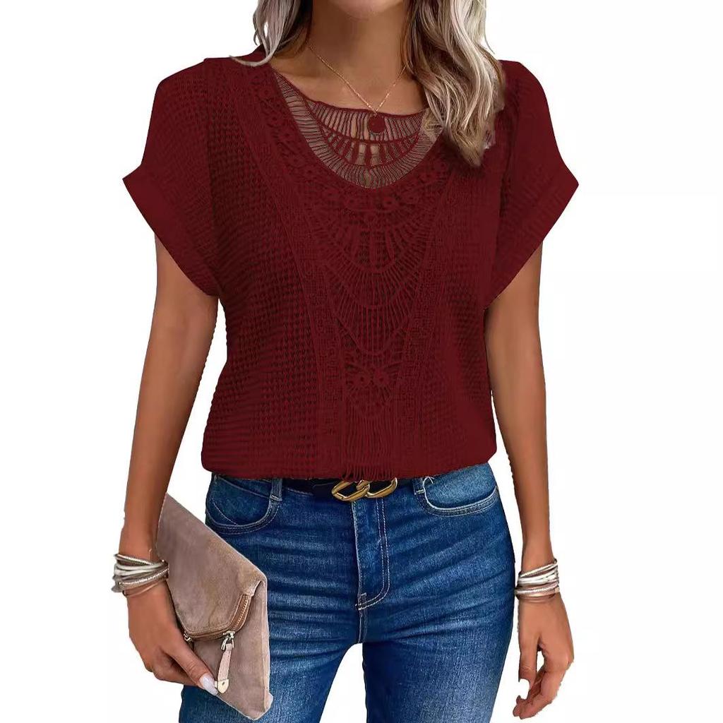 2024 Hollow Lace Splicing Plus Size Short Sleeve T-shirt for Women