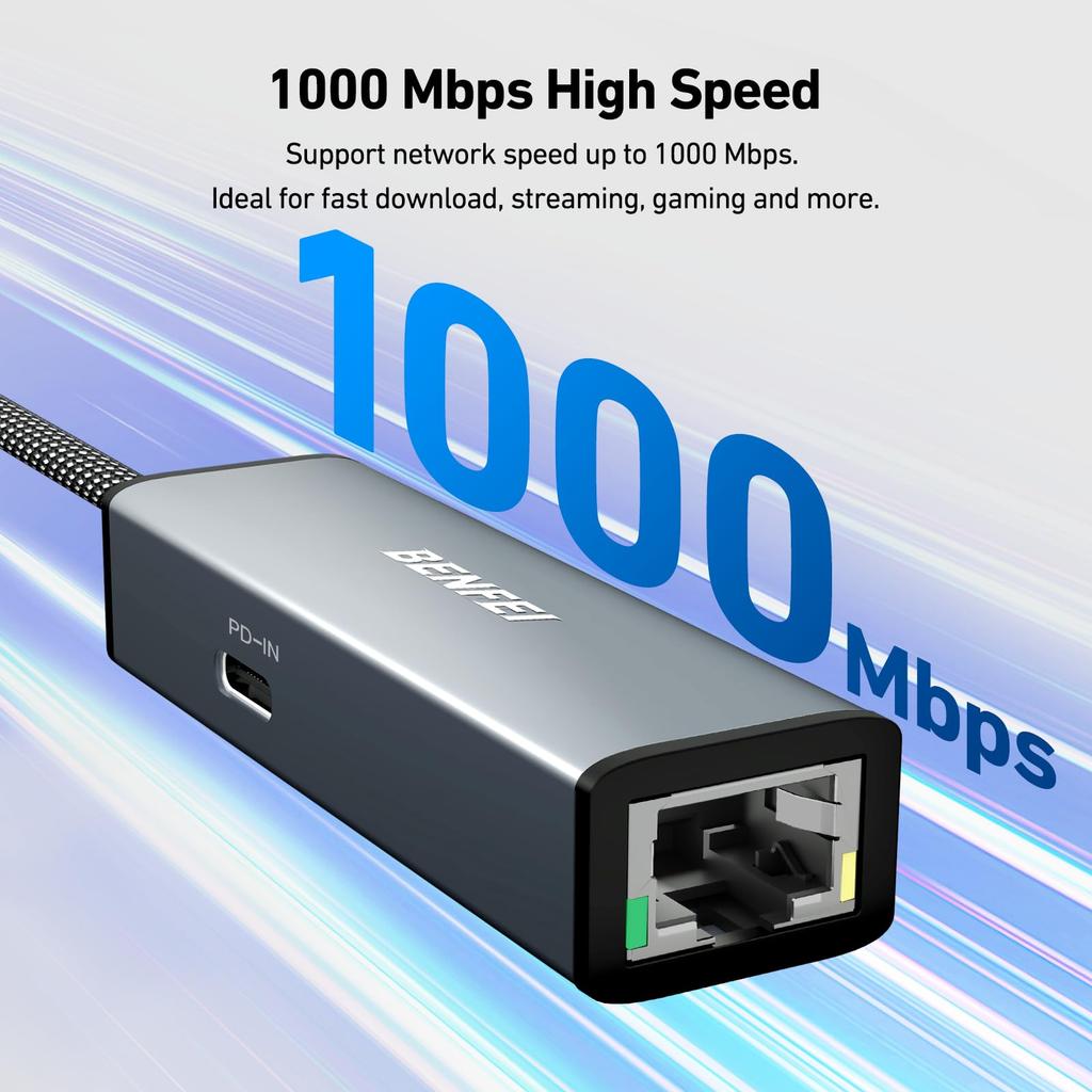 BENFEI Gigabit Ethernet Adapter Supports 100W fast charging Thunderbolt compatible Equipped with RJ45 LAN port Compatible with iPhone 15 MacBook iPad