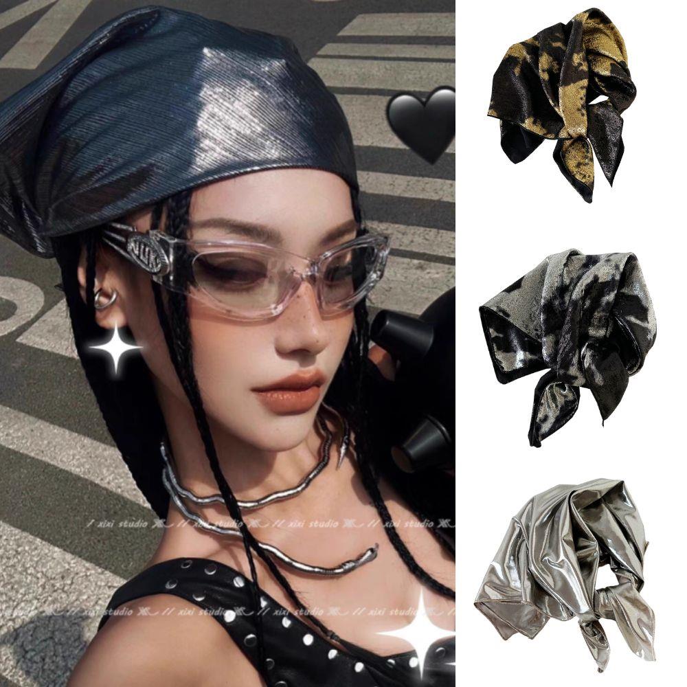 Spicy Girl Liquid Silver Headband Women Summer Y2k Square Scarf Hip-hop Kerchief Korean Versatile Headbands Hair Shawl Wrap New