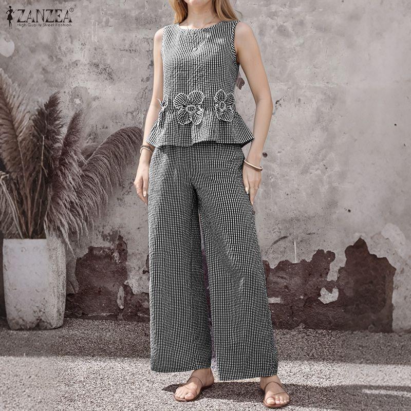 ZANZEA Women Sleeveless Vest Tops and Pants Summer Two Piece Suit Sets