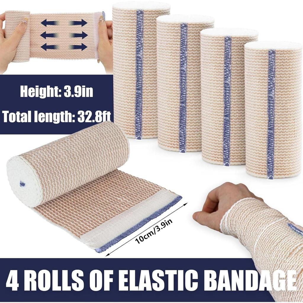 Venda Elástica de Algodón, 4 Rollos de 10 cm x 4,5 m Vendas Elásticas de Compresión con Cierre de Velcro, Venda Elástica de Soporte Deportivo para Muñecas, Piernas, Rodillas