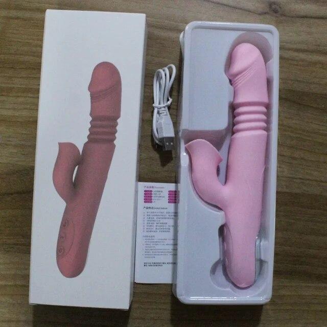 Double Tongue Vibrating Dildo with Warming Telescopic Rotating Vibrator for Woman Anal Vaginal Clitoris Stimulator Sex Toys