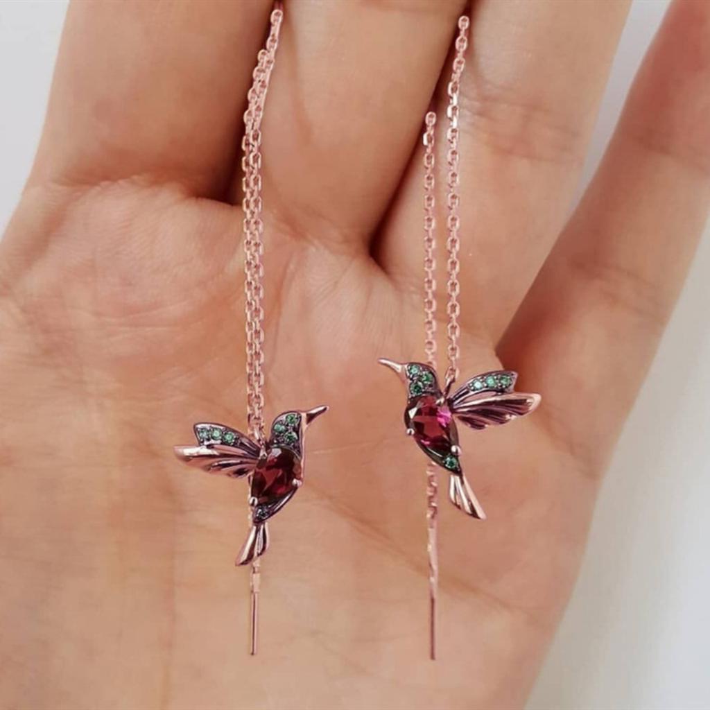 Kolibrie Blauwe Steen Draadoorbellen Lange Ketting Doorheen Trekken Hangende Oorbellen voor Vrouwen Natuur Geïnspireerd Dagelijkse Sieraden
