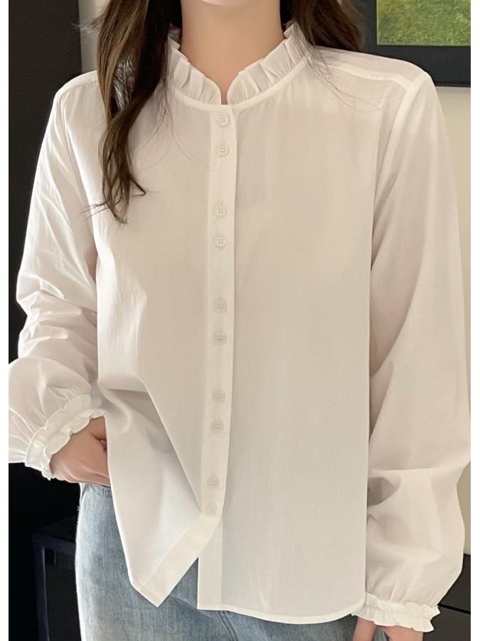 Spring  26 Korean-Style Ruffle Stripe Shirt - Chic Slim-Fit Stand Collar Design Large