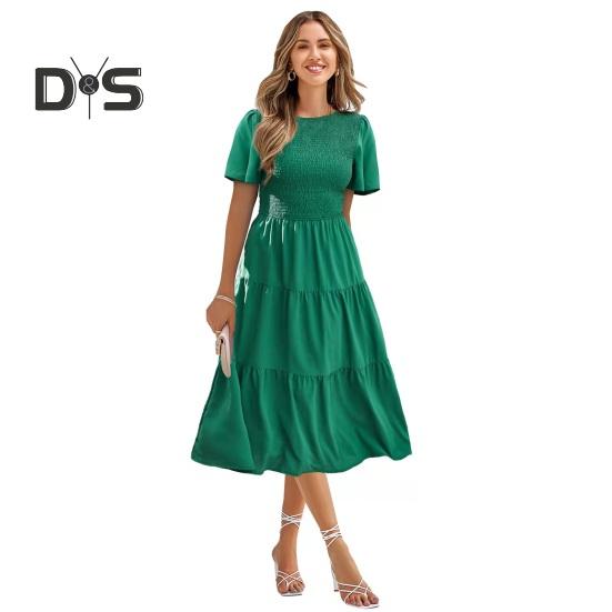 

Женское платье миди с короткими рукавами и сборками, летнее длинное плиссированное платье с круглым вырезом, повседневное многослойное струящееся платье А-силуэта S зелёный