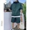 Summer Cargo Style Set Men's Casual Hooded Solid Short Sleeve T-shirt Shorts Loose Handsome Sweatshirt Suit